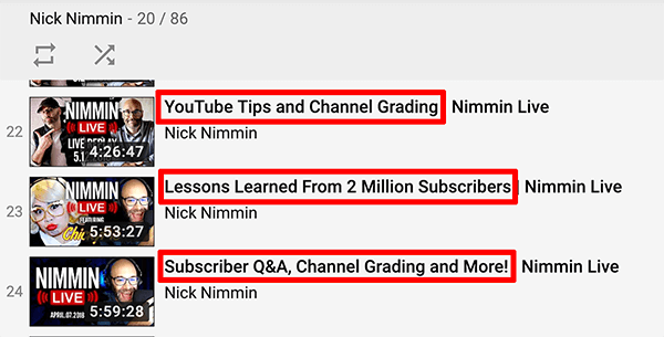Aceasta este o captură de ecran a titlurilor video live YouTube de pe canalul Nick Nimmin.