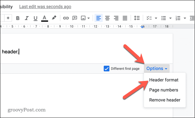 Deschideți meniul de opțiuni de format pentru antet în Google Docs