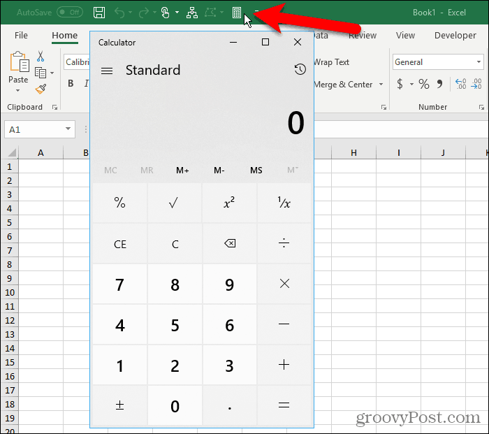 Calculatorul Windows din bara de instrumente pentru acces rapid în Excel
