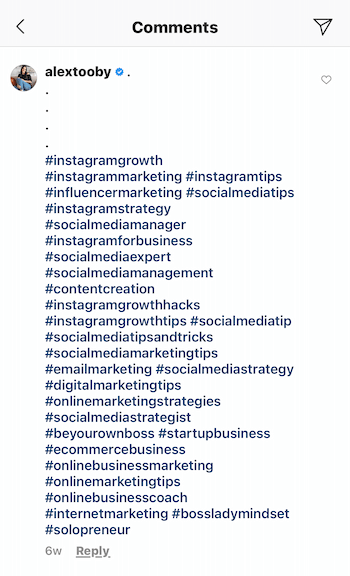 exemplu de comentariu de postare pe Instagram de @alextooby format din 30 de hashtag-uri relevante