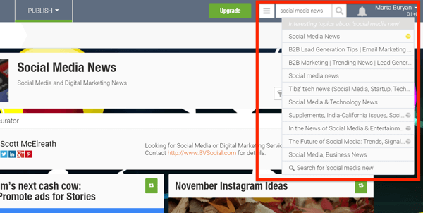 Exemple de fluxuri de conținut „știri din rețelele sociale” în Scoop.it.