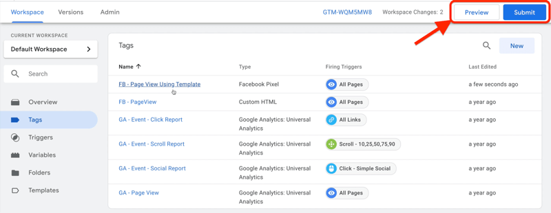 exemplu spațiu de lucru tablou de bord Google Tag Manager cu etichete selectate și mai multe exemple de etichete afișate cu butoane de previzualizare și trimitere evidențiate în partea dreaptă sus