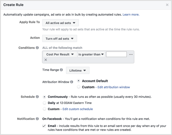 Fereastra de configurare a regulilor automatizate Facebook