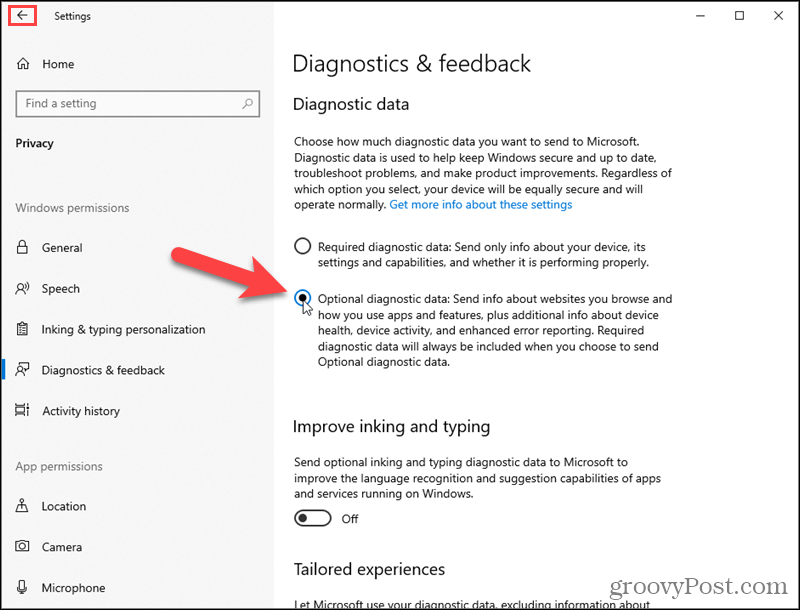 Porniți Windows 10 Date de diagnosticare opționale