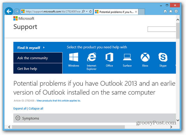 Pagina de asistență Microsoft