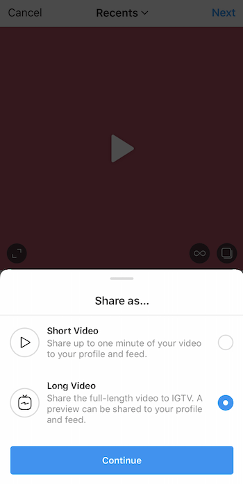 încărcare video instagram cu partajarea în timp ce meniul a fost ridicat și opțiunea video lungă selectată