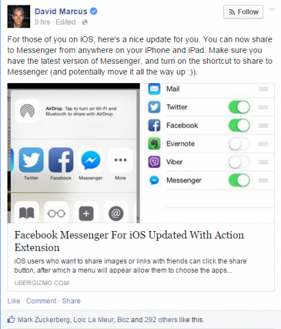 „Utilizatorii Facebook Messenger cu iPhone sau iPad pot partaja acum fotografii sau linkuri direct către aplicație după o actualizare a aplicației iOS.”