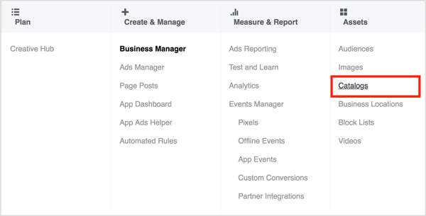 Pentru a accesa Managerul de catalog, deschideți Manager de afaceri și selectați Cataloage.