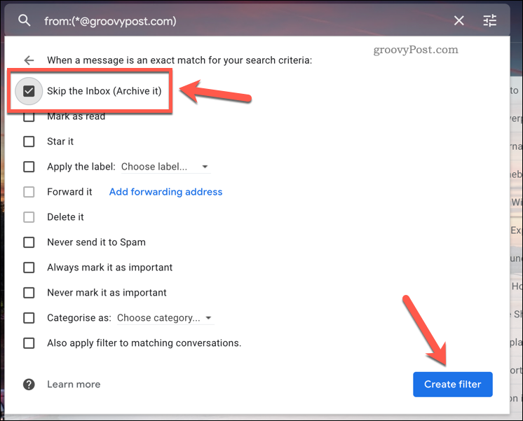 Omiterea unei reguli de filtru Gmail