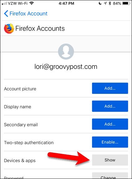 Atingeți Afișare pentru dispozitive și aplicații din Firefox pentru iOS