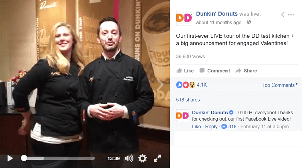 Dunkin Donuts folosește videoclipul Facebook Live pentru a-i duce pe fani în culise.