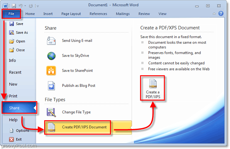 salvați un document folosind o opțiune de partajare pdf în Office 2010