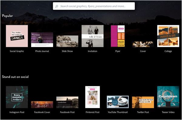Adobe Spark oferă o varietate de șabloane de personalizat pentru imaginile dvs. de pe rețelele sociale.