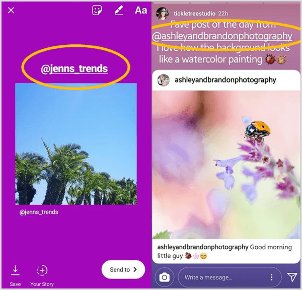 Adăugați o casetă text care listează utilizatorul original și etichetați-le într-o postare Instagram redistribuită.