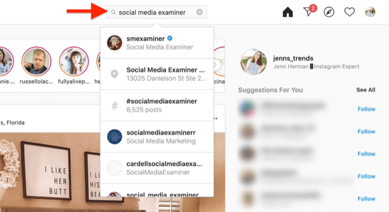 captură de ecran de pe desktop care arată o căutare pentru un cont Instagram utilizând termenii de căutare a examinatorului de social media