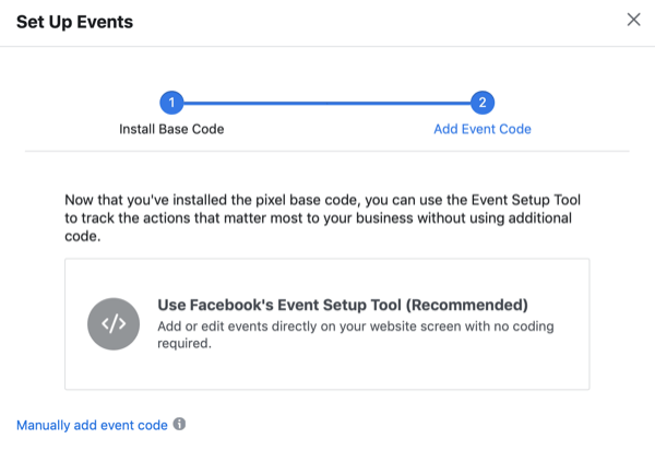 Caseta de dialog Configurare evenimente cu opțiunea pentru Utilizarea instrumentului de configurare a evenimentelor Facebook