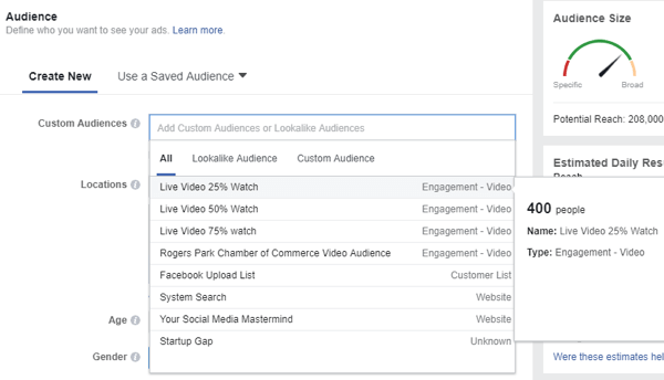 Când selectați un public pentru anunțul dvs. de pe Facebook, asigurați-vă că selectați publicul personalizat al persoanelor care v-au vizionat videoclipurile live.