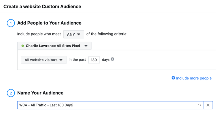 configurați publicul personalizat al site-ului Facebook al tuturor vizitatorilor site-ului în ultimele 180 de zile