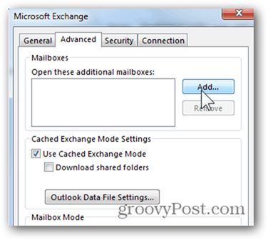 Adăugare căsuță poștală Outlook 2013 - Faceți clic pe Advanced, Add