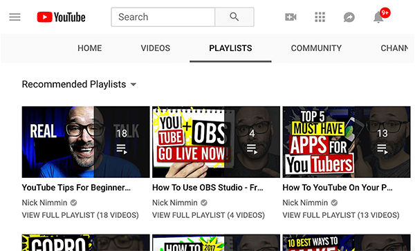 Aceasta este o captură de ecran a listelor de redare de pe canalul YouTube al lui Nick Nimmin. Listele de redare afișate sunt denumite, de la stânga la dreapta, Sfaturi YouTube pentru începători, Cum să utilizați OBS Studio și Cum să YouTube pe... .”