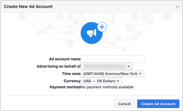 Folosiți-vă numele companiei atunci când vi se solicită să vă denumiți noul cont publicitar Facebook.