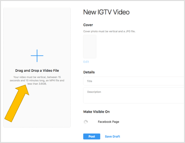 Trageți și fixați un fișier pentru a încărca un videoclip IGTV pe desktop.