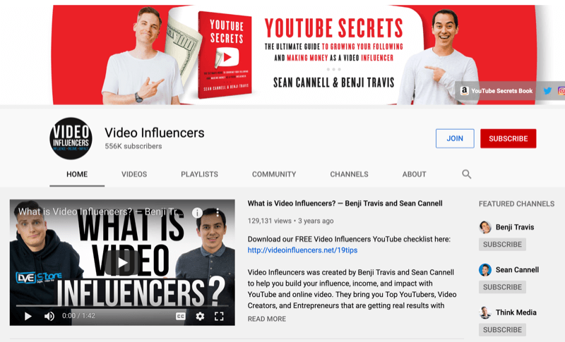 Pagina canalului YouTube pentru Video Influencers