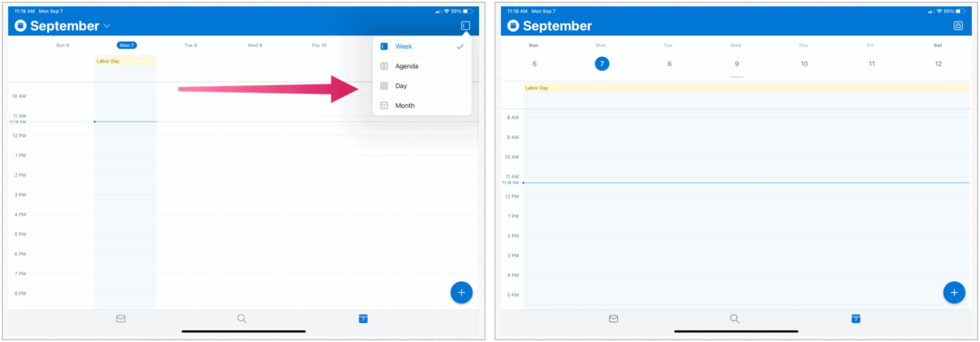 Microsoft Outlook pe iPad, vizualizare calendar