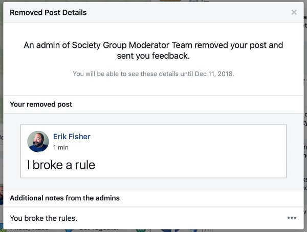 Se pare că Grupurile Facebook oferă administratorilor opțiunea de a împărtăși motivul pentru care o postare a fost eliminată persoanei care a postat-o.