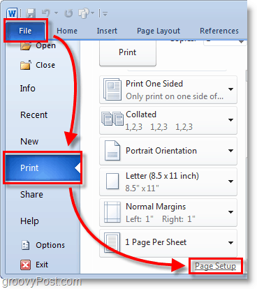 Screenshot Micosoft Word 2010 selectați fișierul> meniul de tipărire din fundal, apoi faceți clic pe configurarea paginii în cuvântul 2010