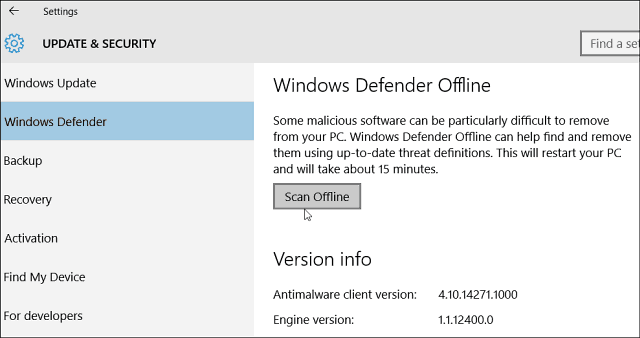 Windows 10 Defender pentru a permite scanarea offline pentru programele malware