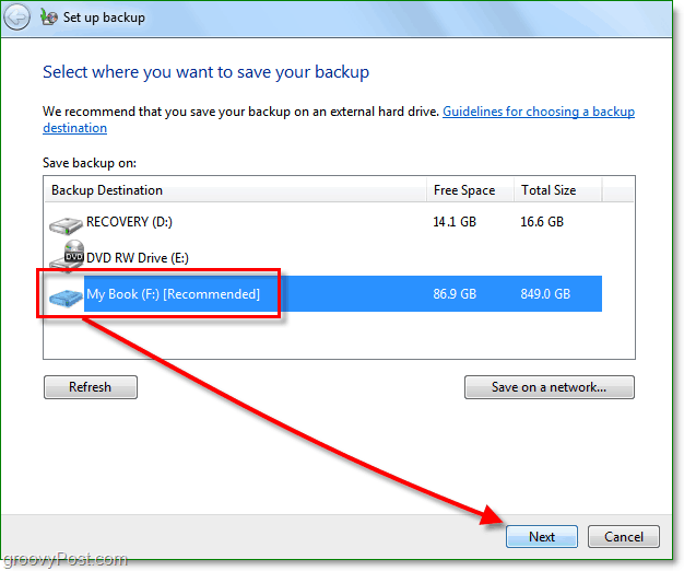 Windows 7 Backup - selectați o locație de rezervă