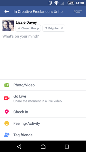 Pentru a începe să utilizați Facebook Live, atingeți Go Live când creați o stare.