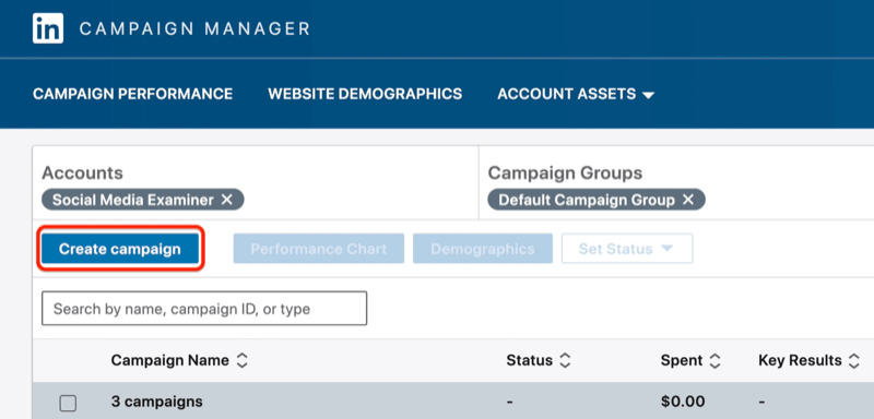 Butonul Creați campanie în LinkedIn Campaign Manager