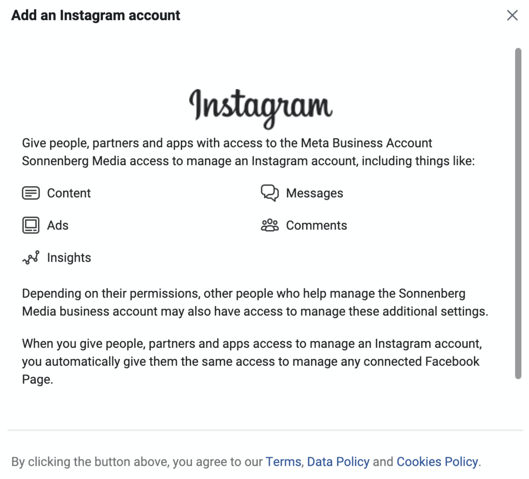 imagine a ecranului Adăugați un cont Instagram în Meta Business Manager