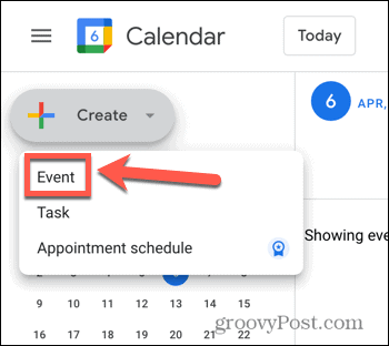 Captură de ecran pentru opțiunea de creare a evenimentului Google Calendar