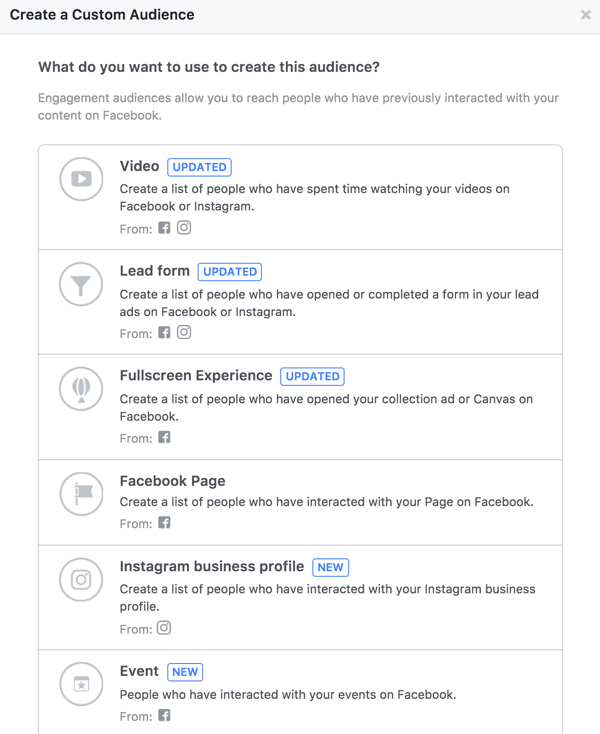 Când creați un public pe Facebook, puteți selecta dintre mai multe tipuri diferite de implicare.