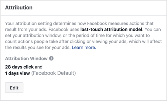 Setările implicite ale ferestrei de atribuire Facebook arată acțiunile întreprinse în decurs de o zi de la afișarea anunțului dvs. și în termen de 28 de zile de la apăsarea acestuia. 