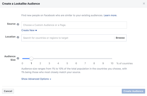 Setarea dacă utilizați un public asemănător pentru o campanie de anunțuri potențiale Facebook.
