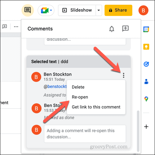 Redeschiderea unui comentariu închis în Google Slides