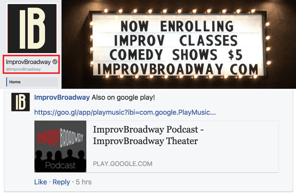 Observați că pagina de Facebook a ImprovBroadway are o bifă gri lângă numele său în partea de sus; cu toate acestea, nu apare alături de nume în postări sau comentarii.