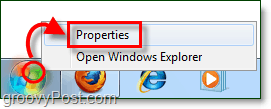 cum să deschideți proprietățile meniului de pornire în Windows 7 