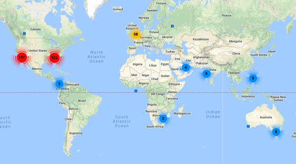 Vizualizați locațiile mapate pentru urmăritorii Twitter ai acestui cont.
