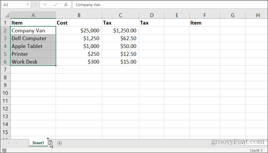 copierea unei foi în excel