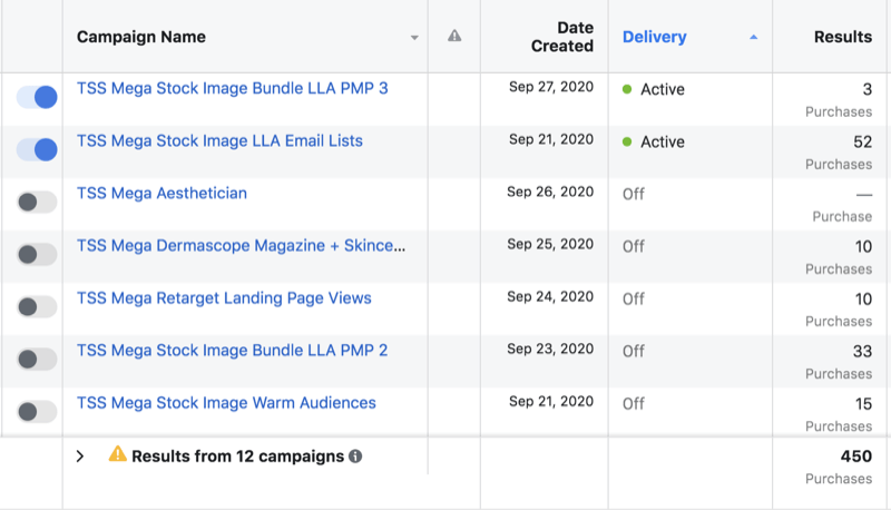 exemplu de seturi de campanii de date publicitare Facebook care prezintă 2 seturi active, inclusiv o versiune 3 a unui anumit set de anunțuri, în timp ce 5 sunt inactive, inclusiv o versiune 2 a setului de anunțuri menționat