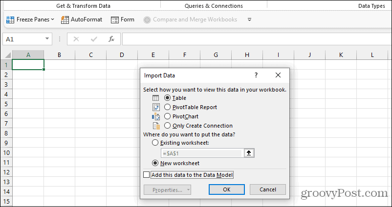 opțiuni de importare a datelor Excel