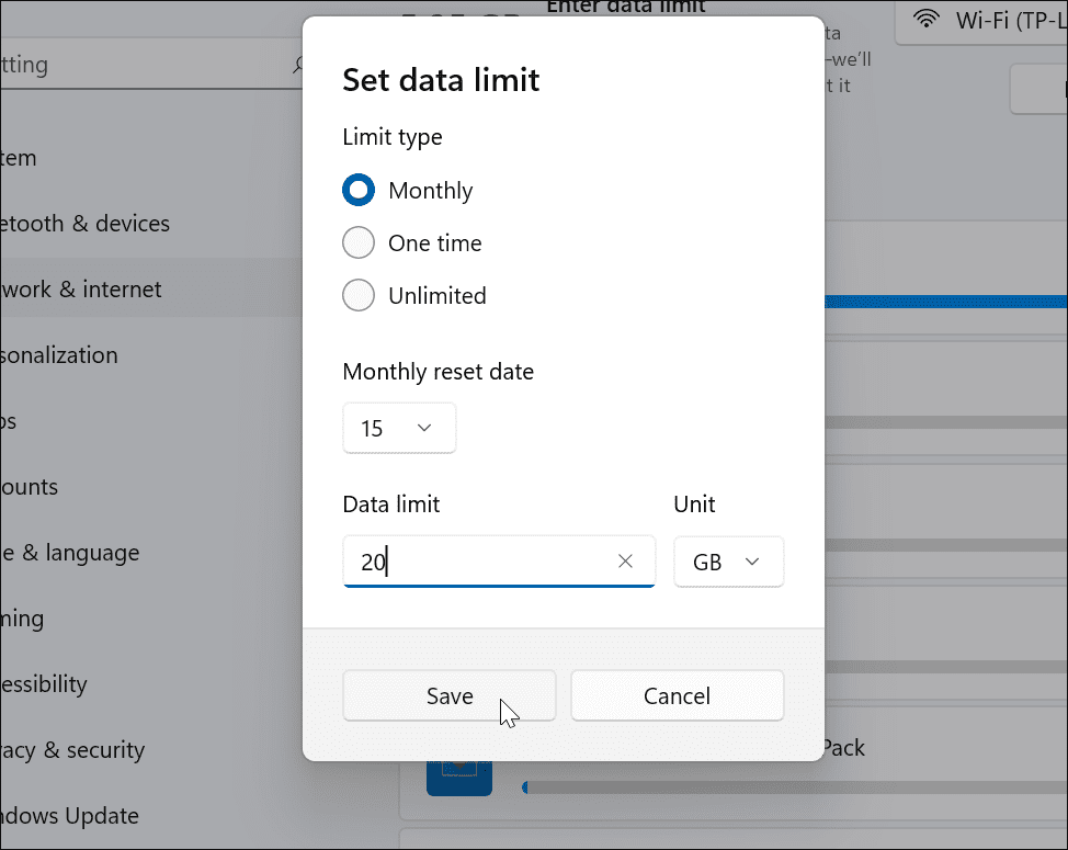 ajustați limita de date Windows 11 Metered Connection