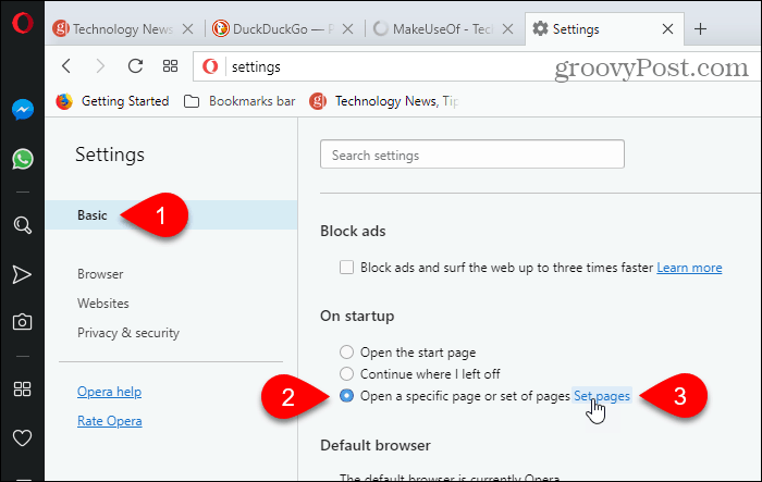 Faceți clic pe Setare pagini în Opera