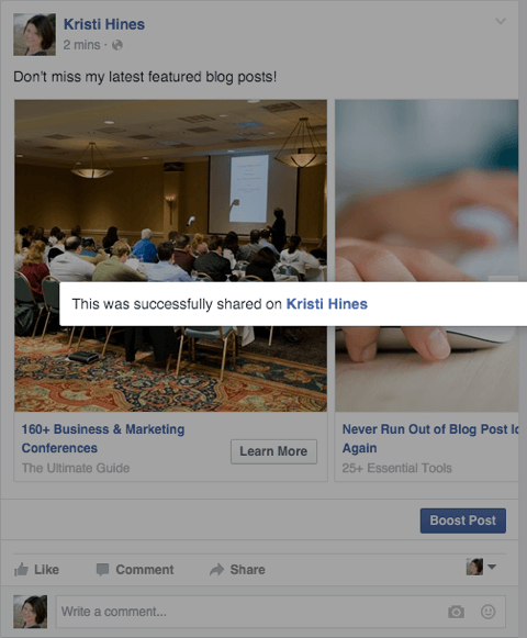 Anunțul carusel facebook partajat ca mesaj de confirmare a postării pe pagină