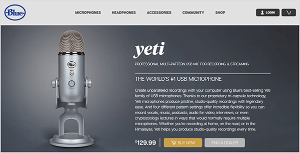 Dusty Porter recomandă trecerea la un microfon USB precum Blue Yeti. Pe pagina de vânzare albastră pentru microfonul Yeti, apare o imagine a unui microfon cromat pe un suport pe un fundal gri închis. Prețul este listat ca 129,00 USD.